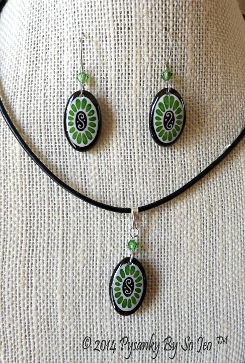 Green Oval Earrings and Matching Necklace Pysanky Jewelry by So Jeo